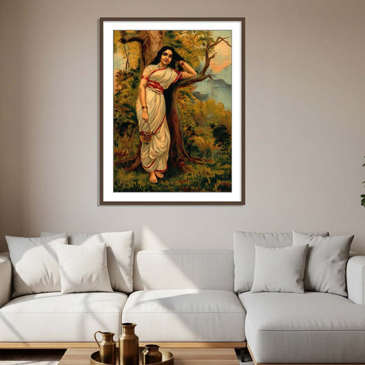 Ahalya leaning on tree by Raja Ravi Varma | Wall Art Painting