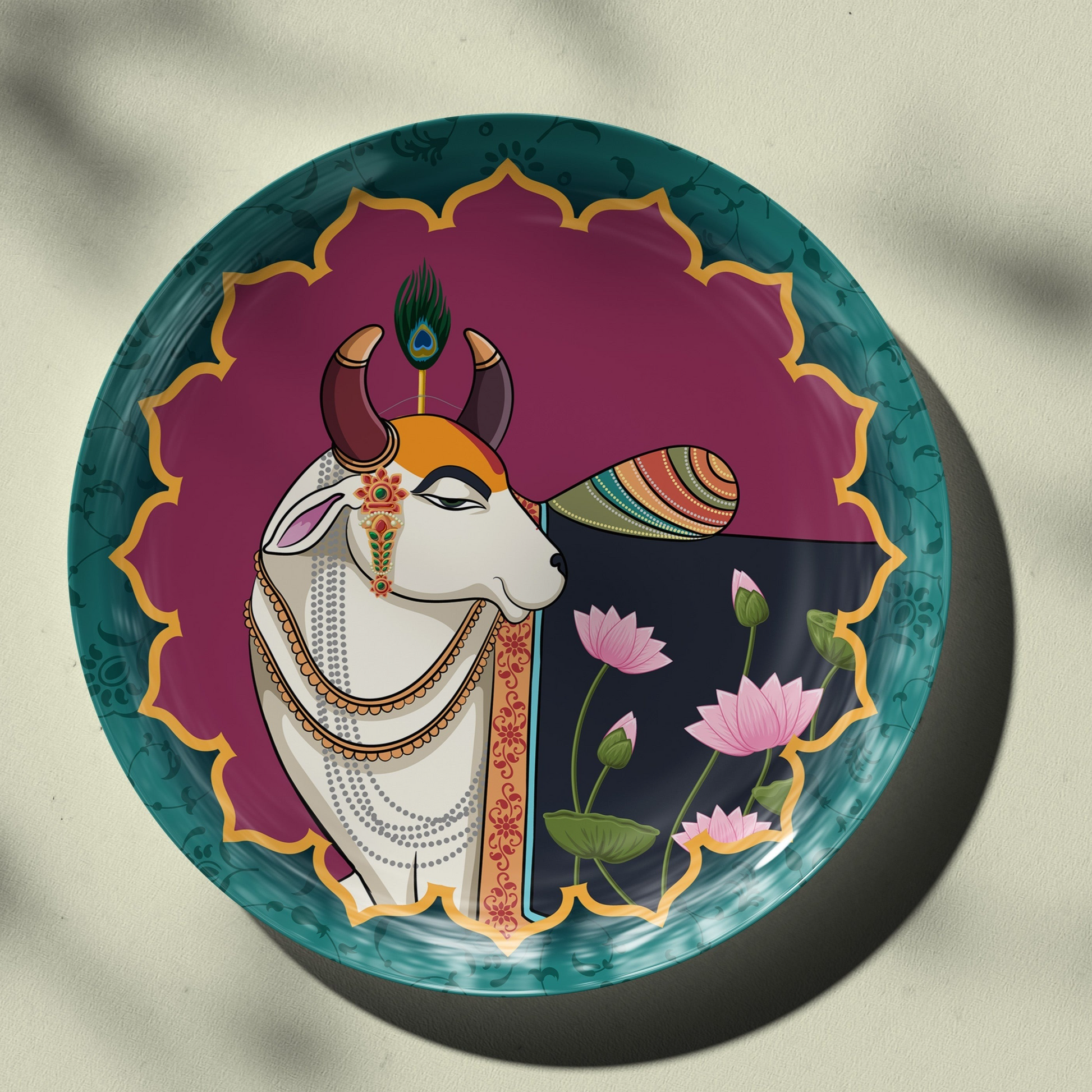 Pichwai Cow(Nandi) Decor Wall Plate for Living Room Home Decor