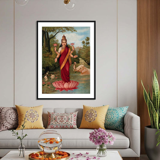 lakshmi on her lotus frame painting for home and diwali by the atrang
