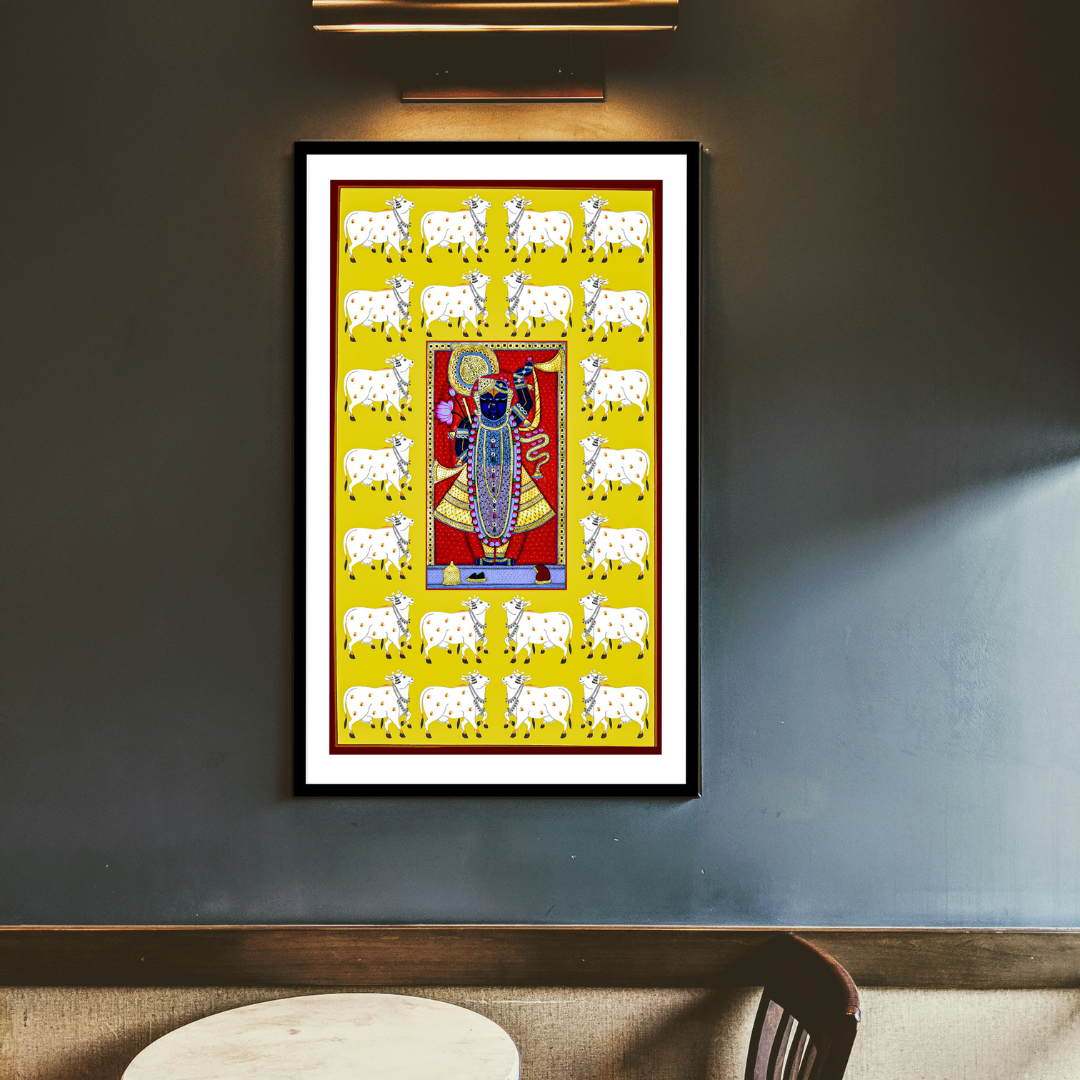 Shrinath Ji Gold Painting with Pichwai Cow | Framed Indian Wall Art