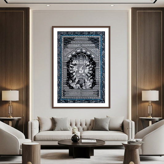 Modern living room with a decorative wall art piece, sofa, and chairs.