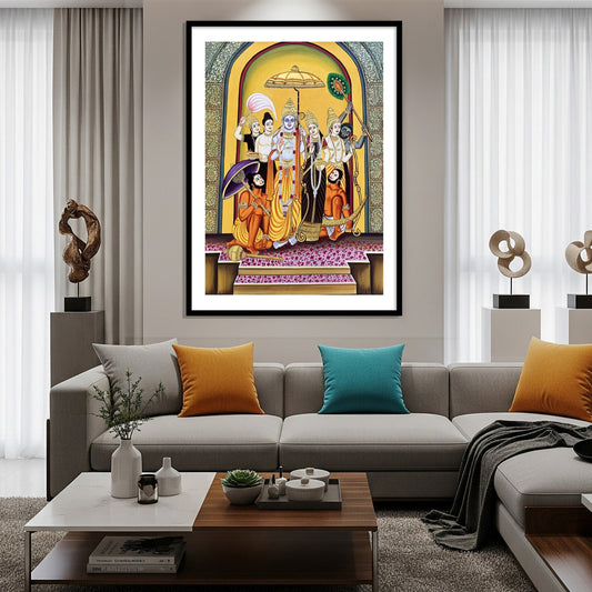 Ram Rajya Vastu Artwork for Living room and pooja room with a large framed artwork on the wall