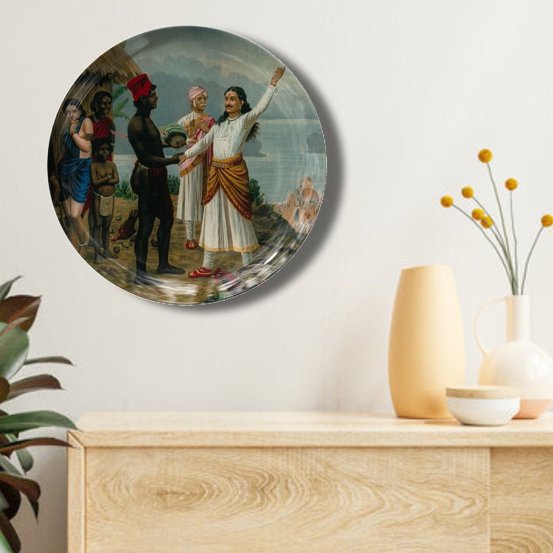 A royal sage tells the father of the fishergirl of their marriage by Ravi Varma Ceramic Plate for Home Decor