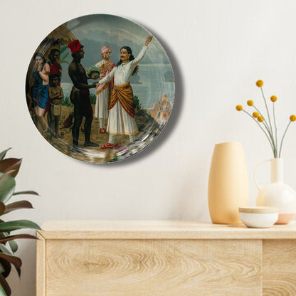 A royal sage tells the father of the fishergirl of their marriage by Ravi Varma Ceramic Plate for Home Decor