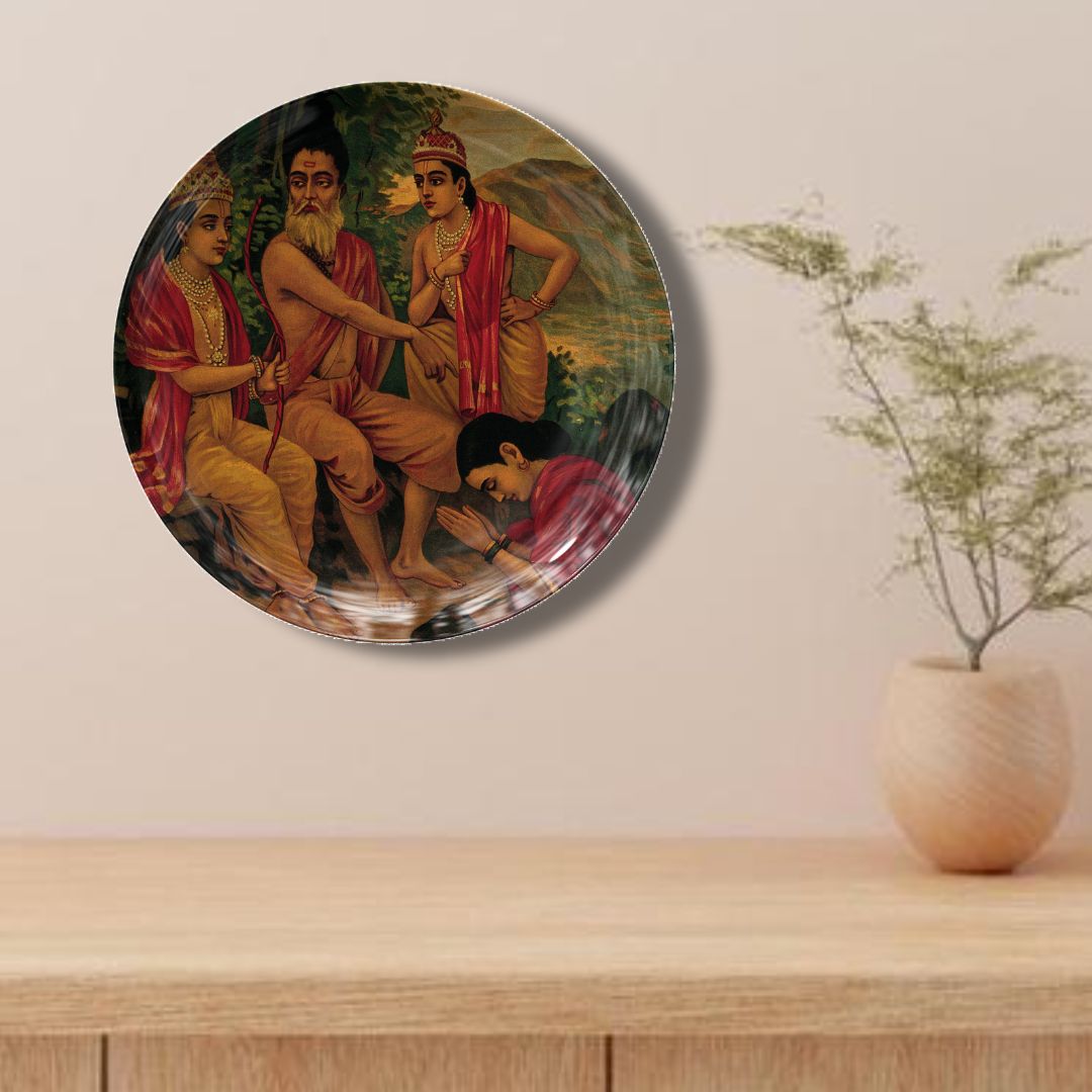 Ahalya the nymph being released from a curse by Rama & Lakshman by Ravi Varma Ceramic Plate for Home Decor