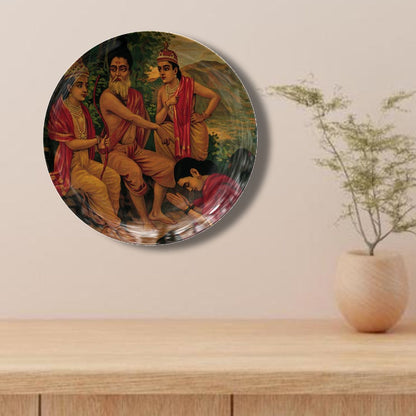 Ahalya the nymph being released from a curse by Rama & Lakshman by Ravi Varma Ceramic Plate for Home Decor