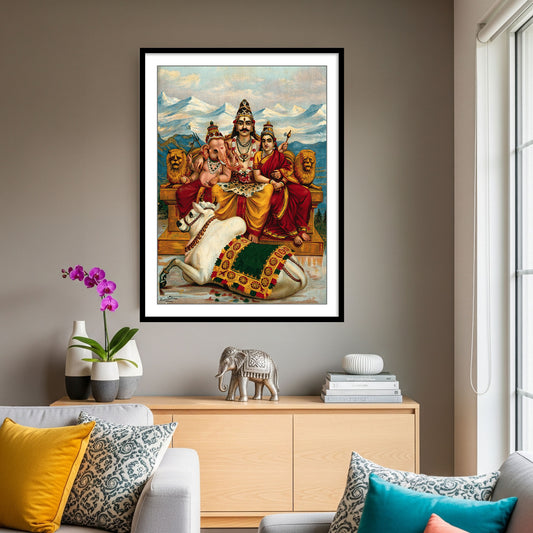 Shiva, Parvati and Ganesha enthroned on Mount Kailas by Raja Ravi Varma | Wall Art Painting