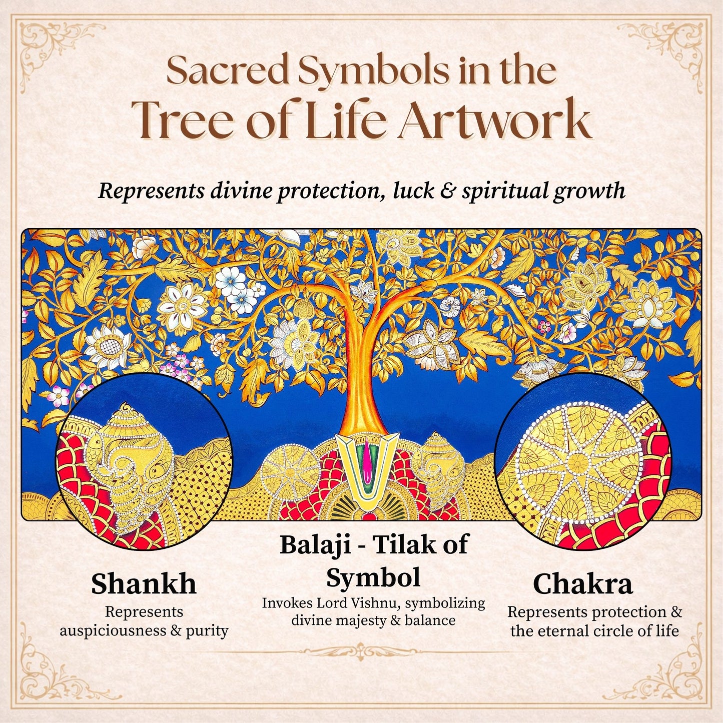Tree of life symbols ofvishnu tilak, shankh and chakra meaning by the atrang