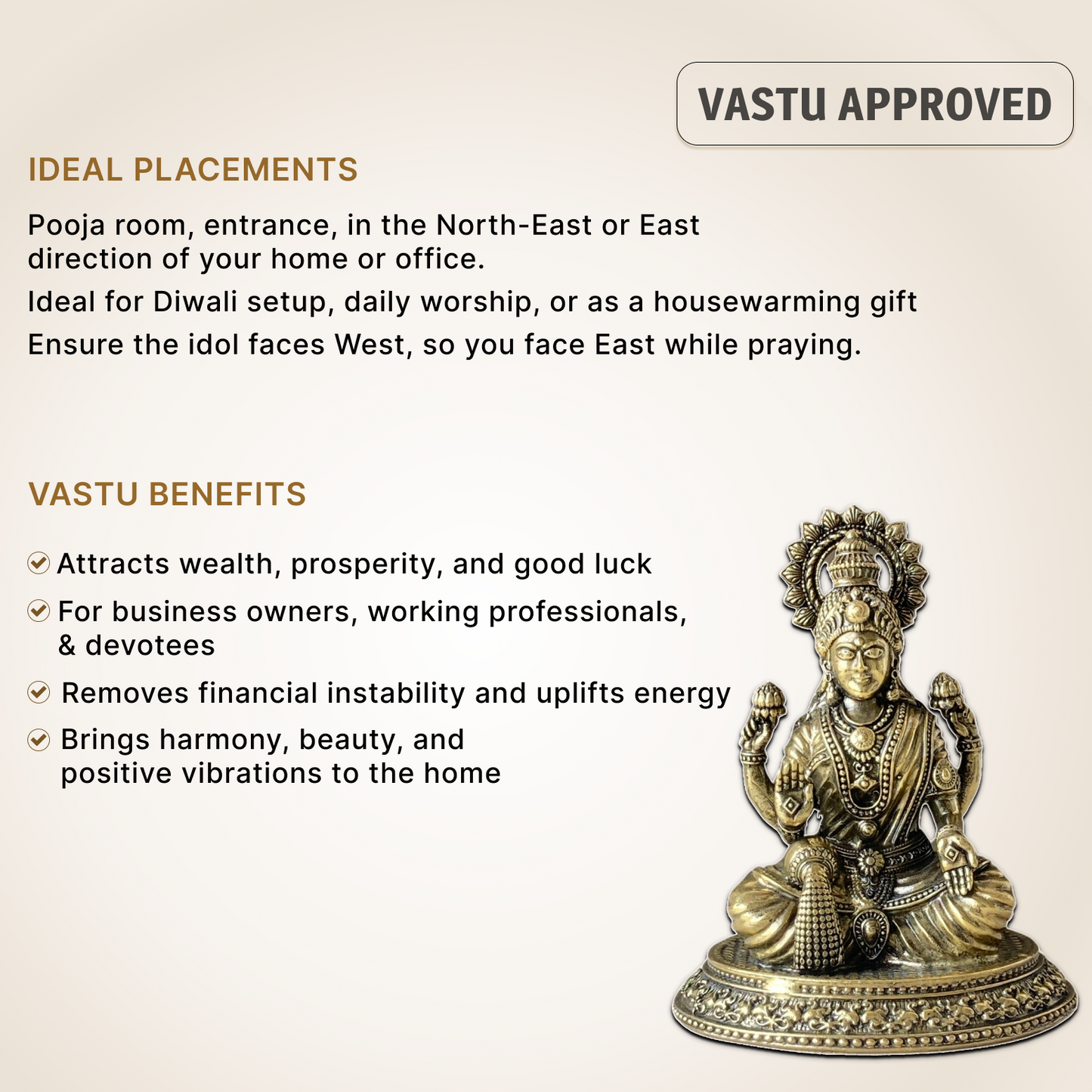 Goddess Laxmi Brass Idol - For Positive Energy & Daily Worship