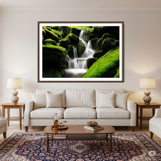 Waterfall Vastu Framed nature print of a waterfall on a wall above a sofa in a living room.