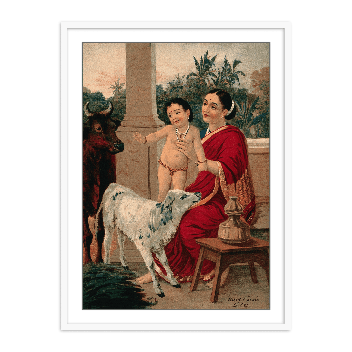 Krishna as an infant on Yasoda's lap playing with a cow and a calf by Raja Ravi Varma Wall Art