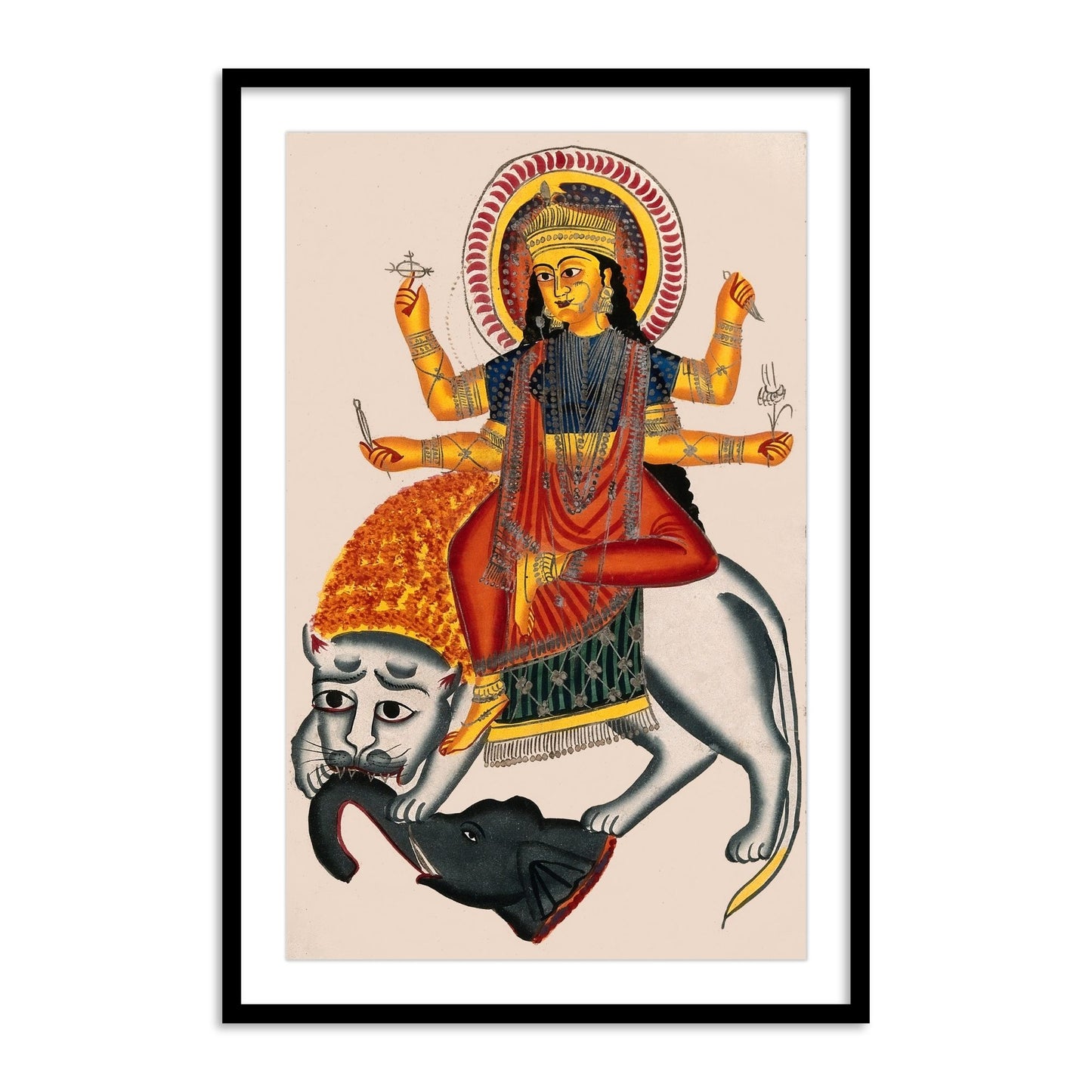 Durga Riding on her Lion Killing a Demon Kailghat Framed Wall Art
