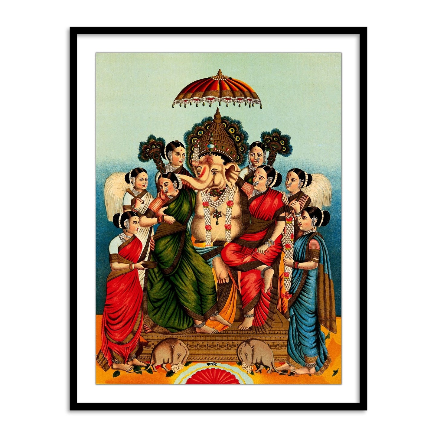 Ganesha and his Two Wives, Siddhi and Buddhi, Surrounded by Attendants Framed Wall Art