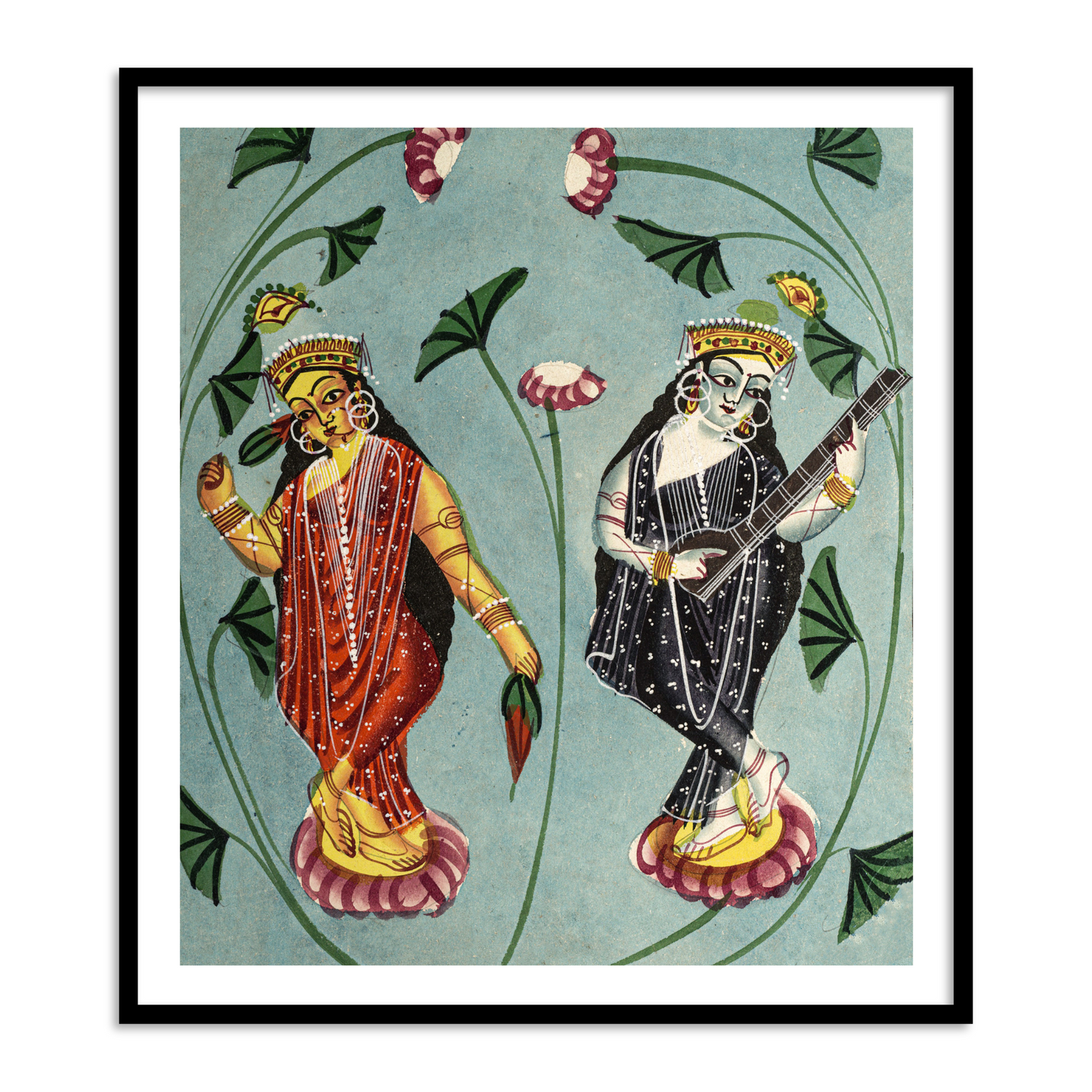 Goddess Laxmi & Saraswati standing on separate Lotus Leaves Kalighat Painting Framed Wall Art