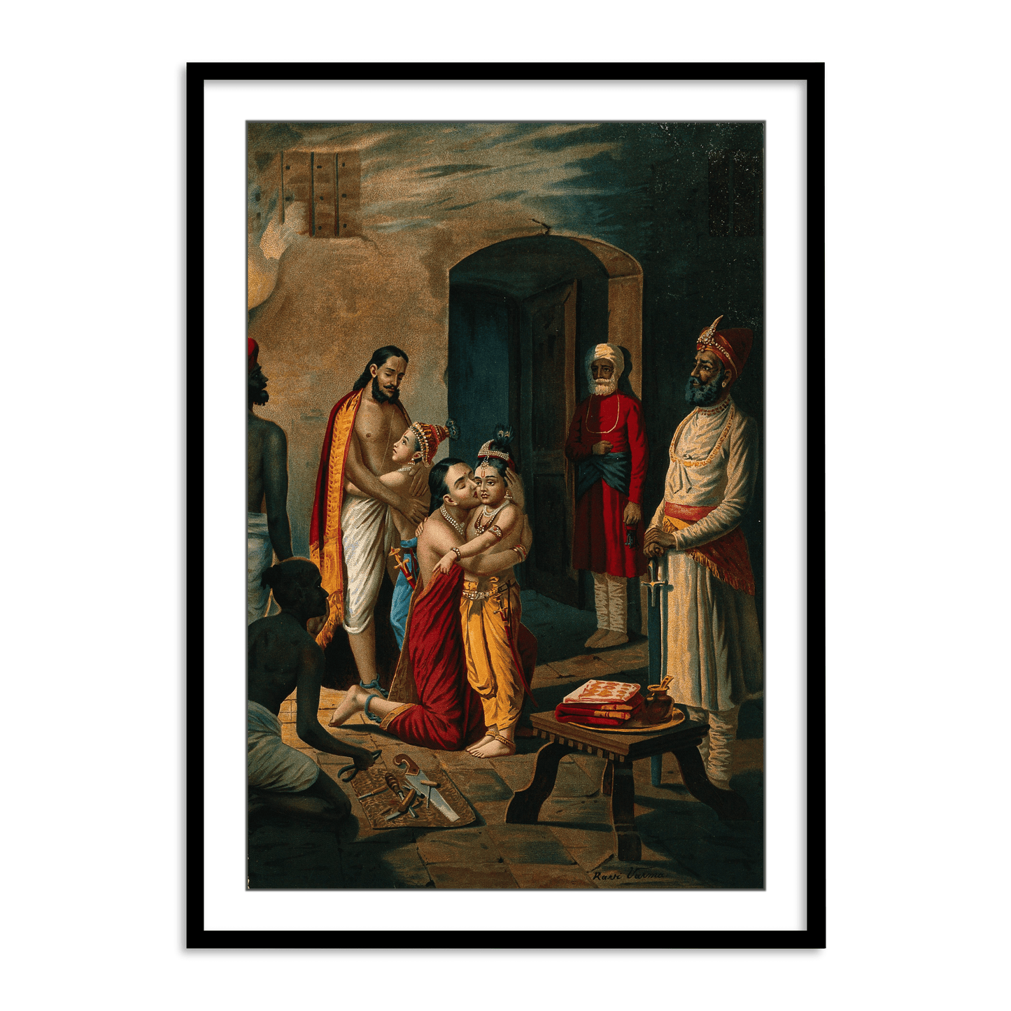 Krishna freeing his parents (Vasudeo and Devki) from prison by Raja Ravi Varma Wall Art Painting