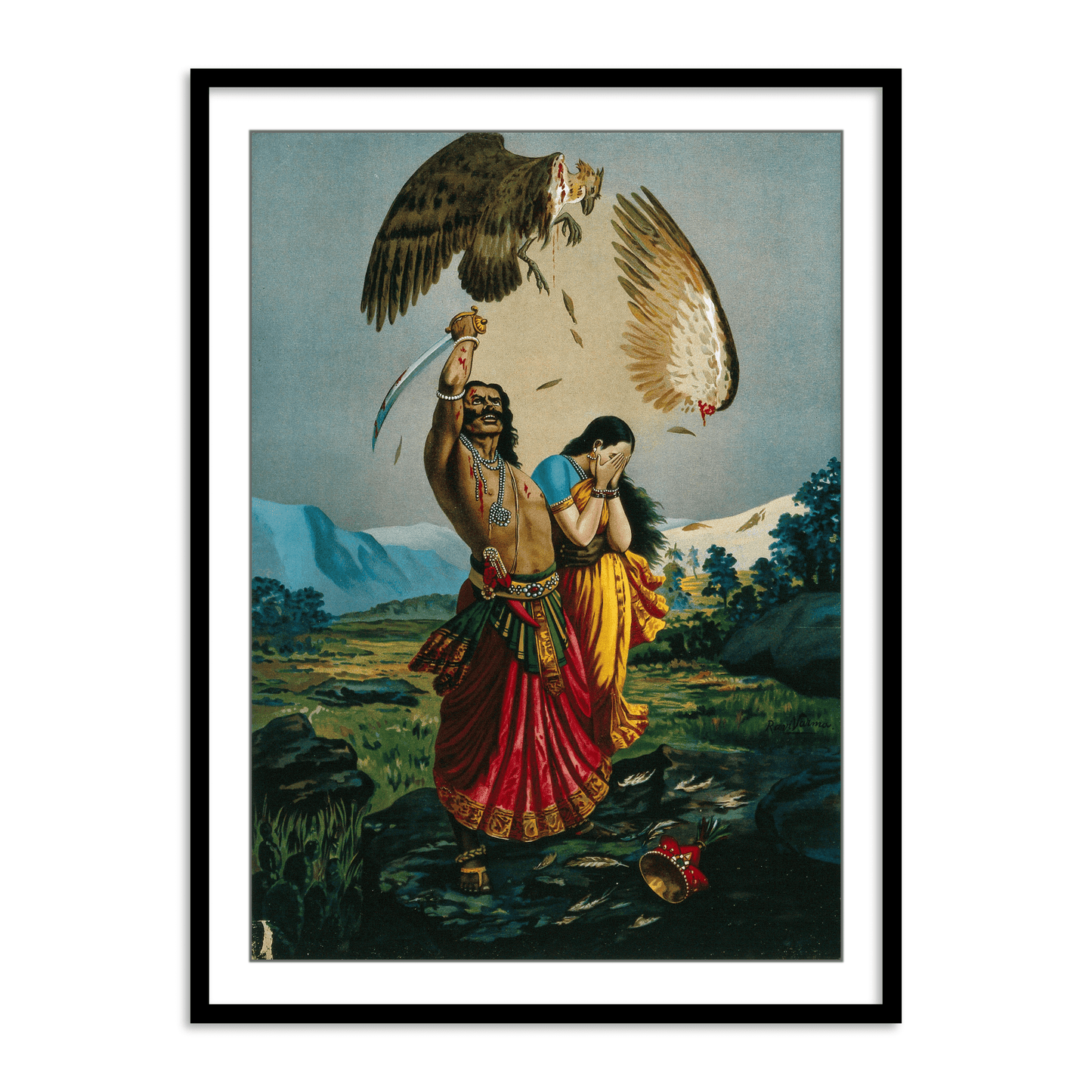 Ravana slaughtering Jatayu the vulture, while an abducted Sita looks away in horror by Raja Ravi Varma Wall Art