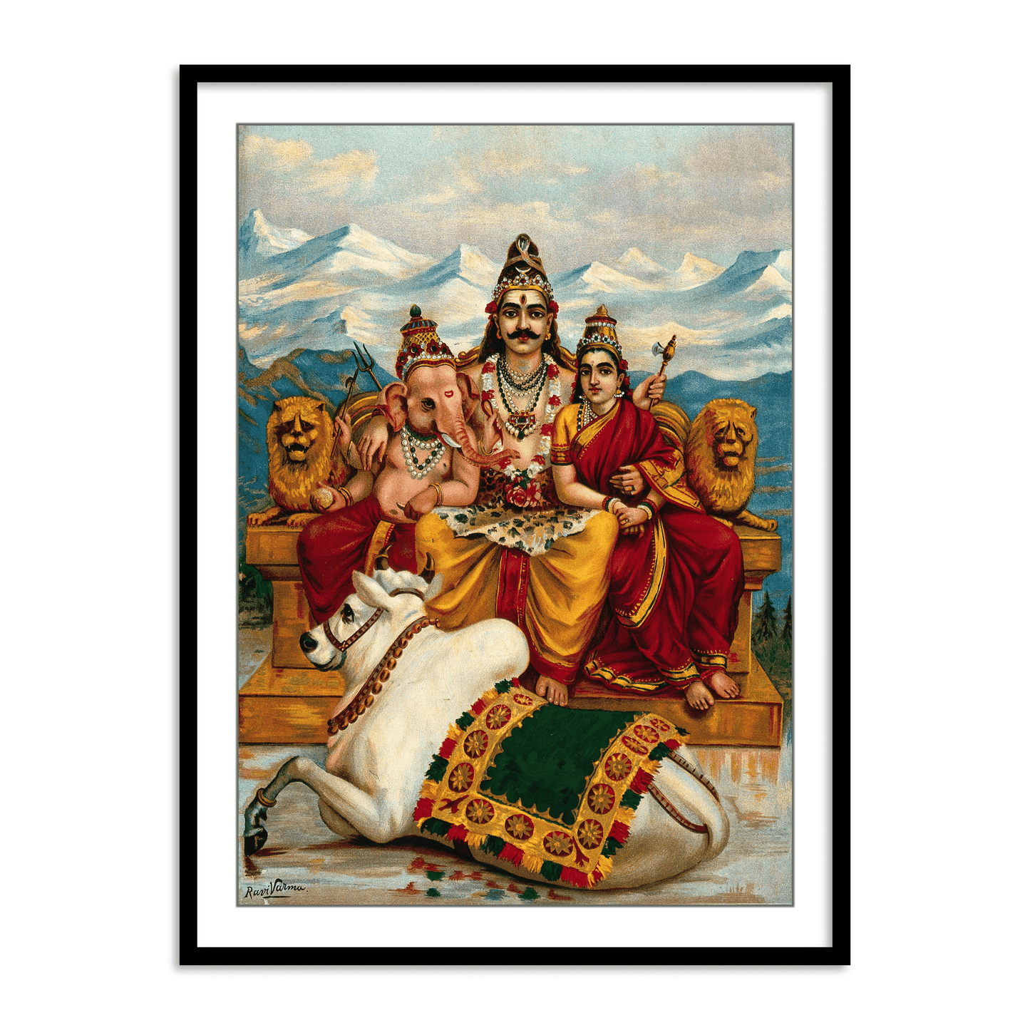 Shiva, Parvati and Ganesha enthroned on Mount Kailas by Raja Ravi Varma Wall Art Print