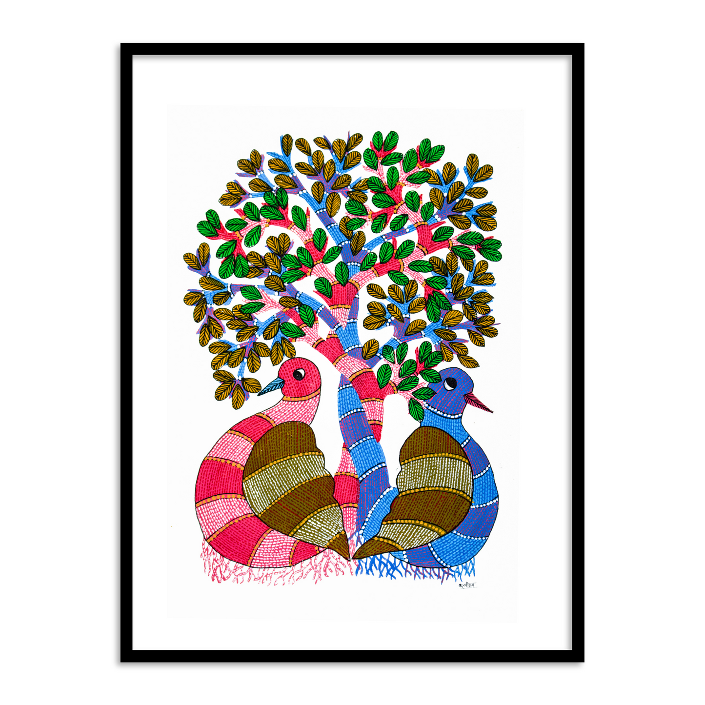 Pigeons sitting under a tree Gond painting | Indian Folk Framed Wall Art