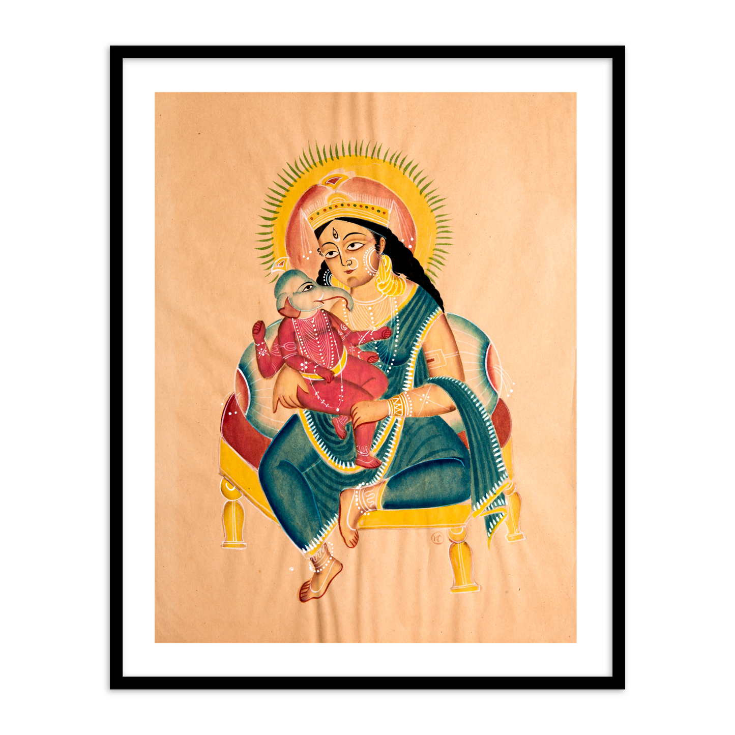 Parvati and Ganesh Kalighat Painting Framed Wall Art for Decor