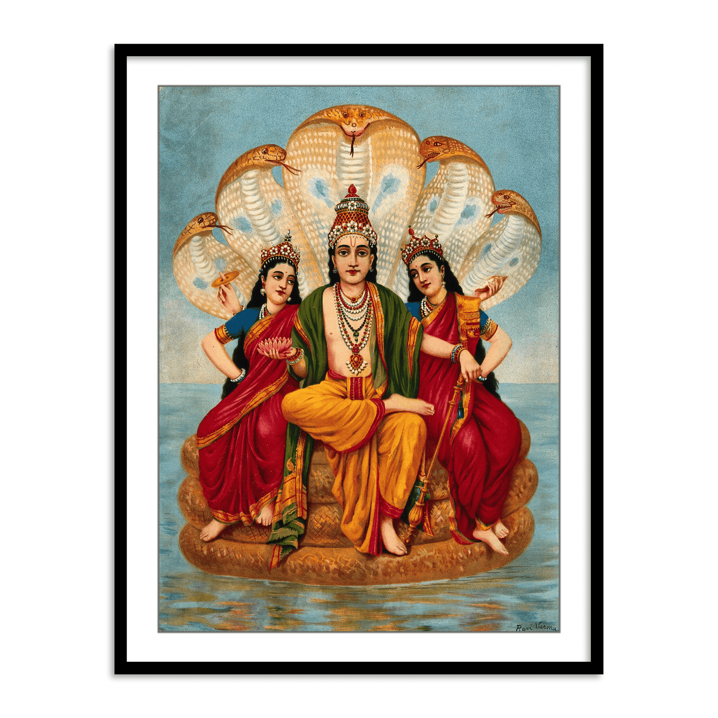 Vishnu flanked by two wives resting on Shesa by Raja Ravi Varma Wall Art
