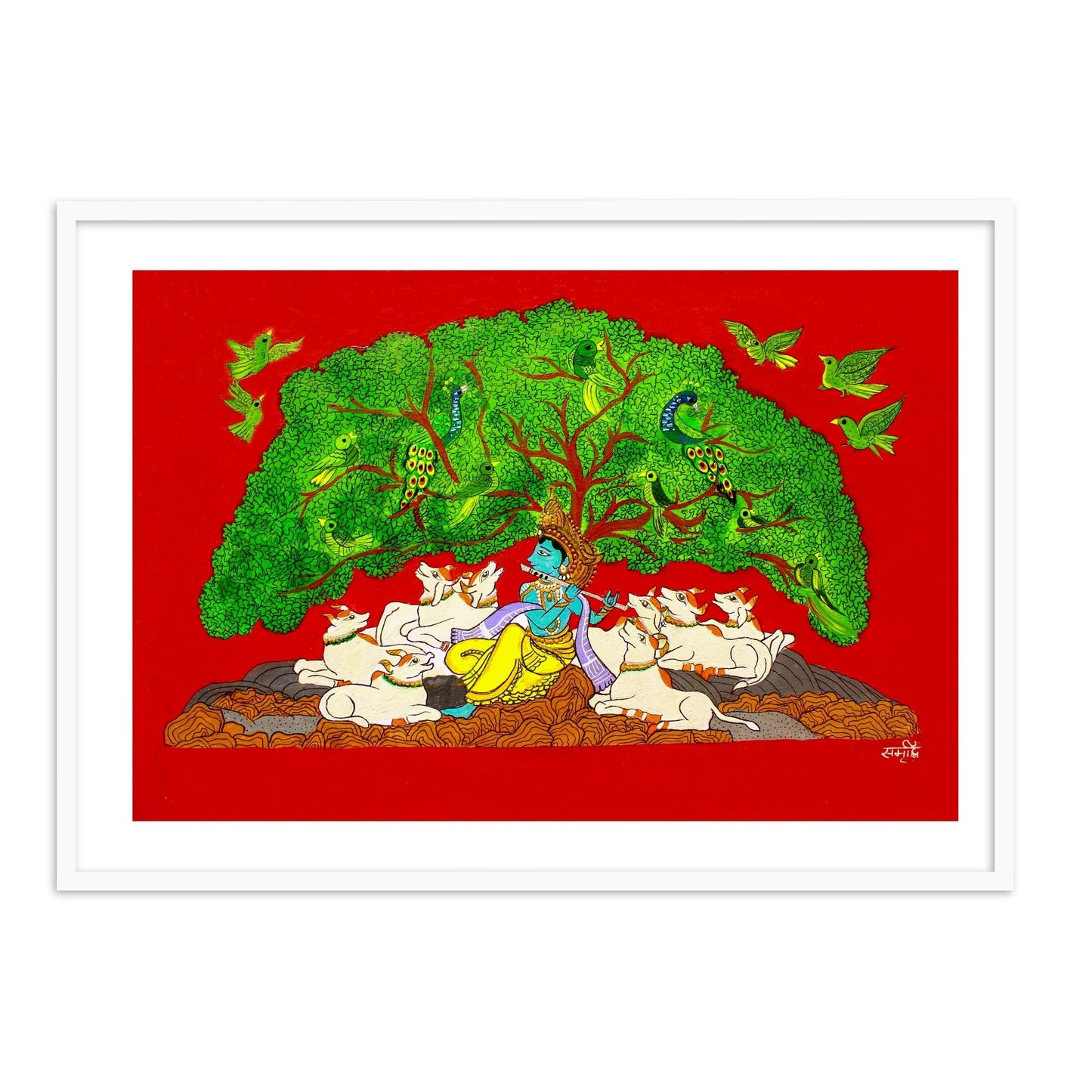 Krishna Playing Flute under a Tree | Pichwai Indian Framed Wall Art