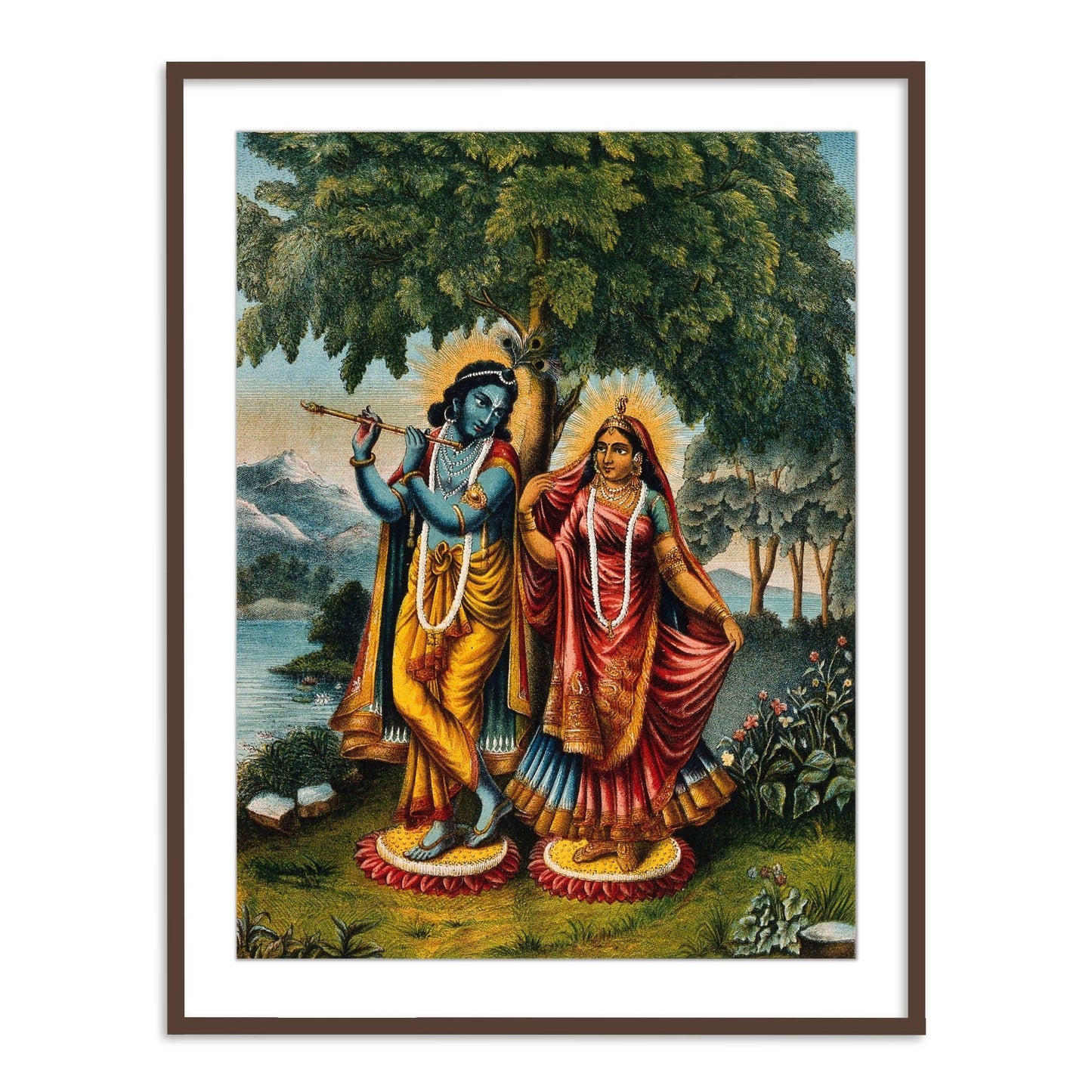 Krishna and Radha on Separate Lotus Leaves Framed Wall Art Painting