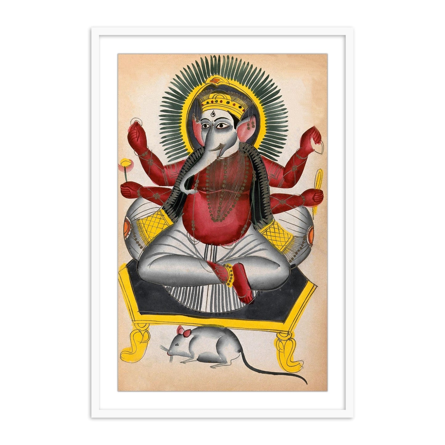 Ganesha Enthroned Holding his Symbols with his Rat Kalighat Painting Framed Wall Art