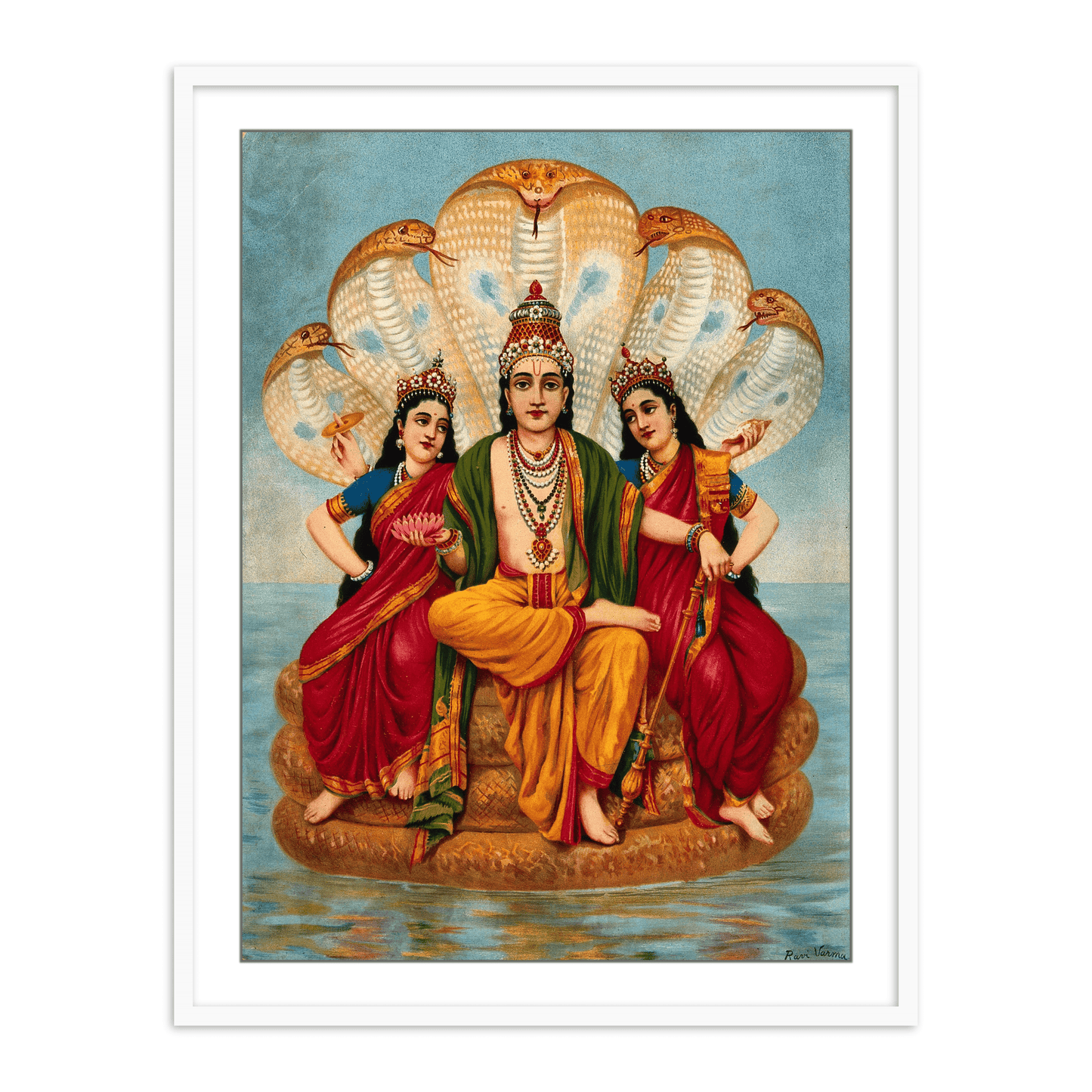Vishnu flanked by two wives resting on Shesa by Raja Ravi Varma Wall Art