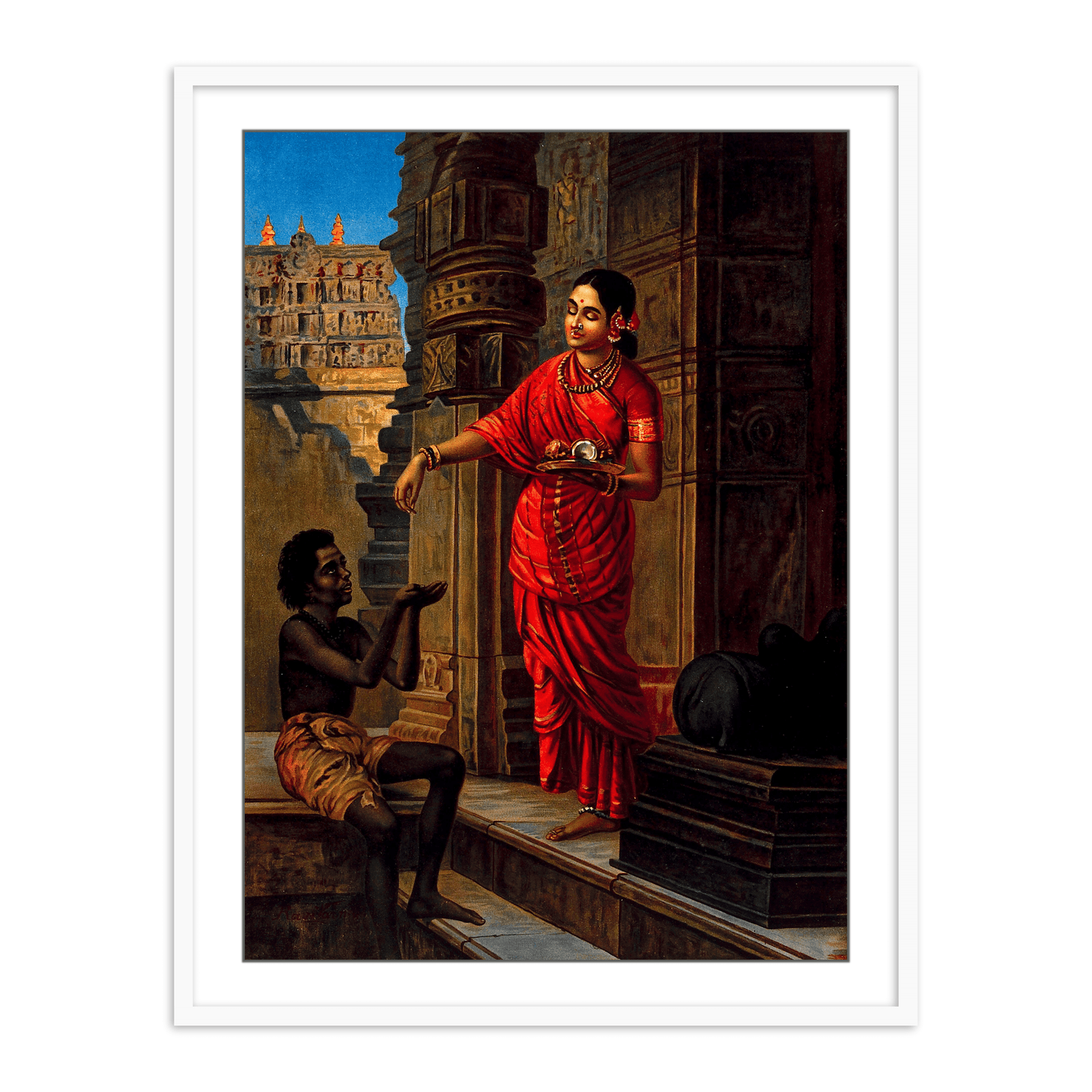 A woman giving alms to a beggar outside a temple to Lord Shiva by Raja Ravi Varma Home Wall painting