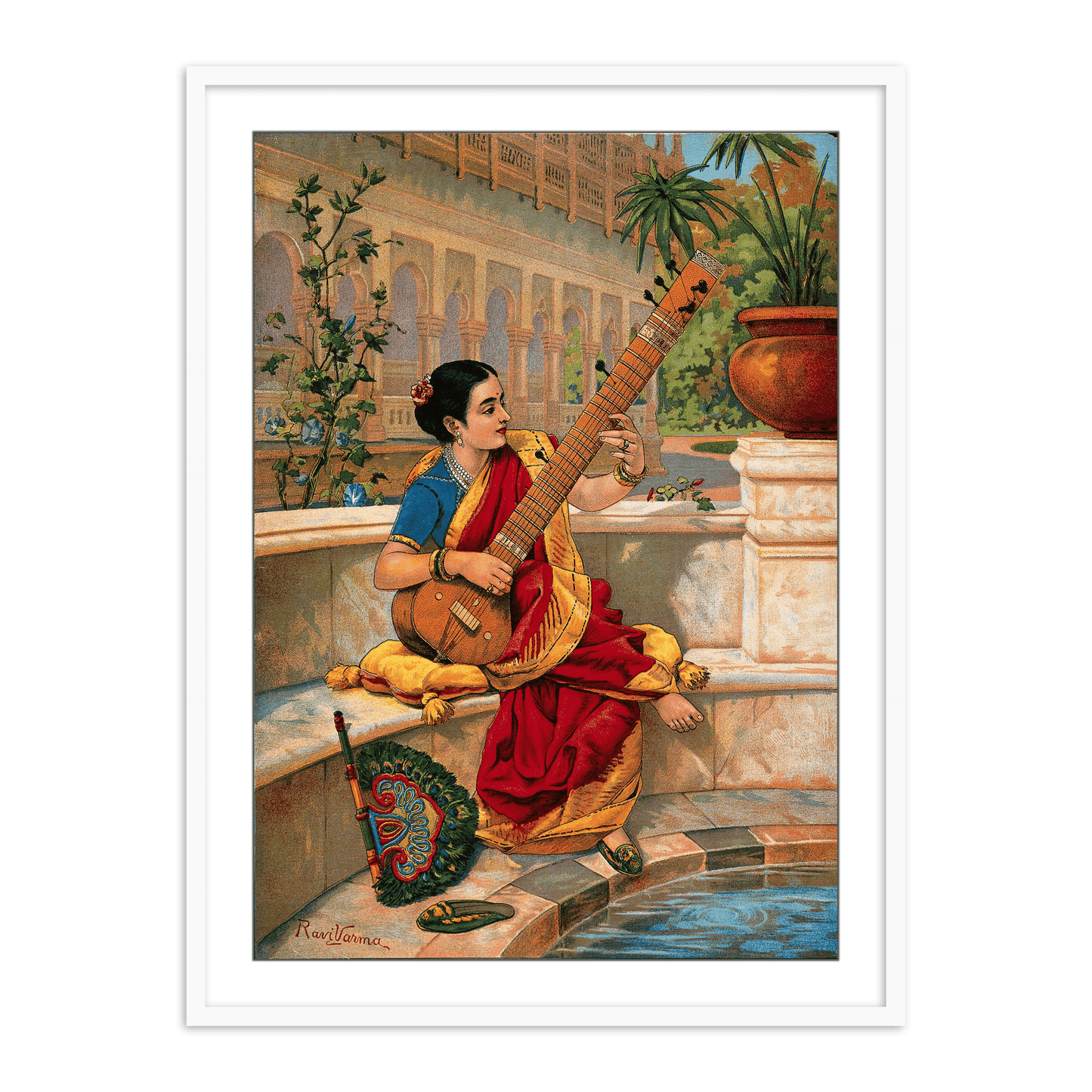 A seated Indian woman plays a sitar next to a garden pond (Kadambari) by Raja Ravi Varma Wall Art