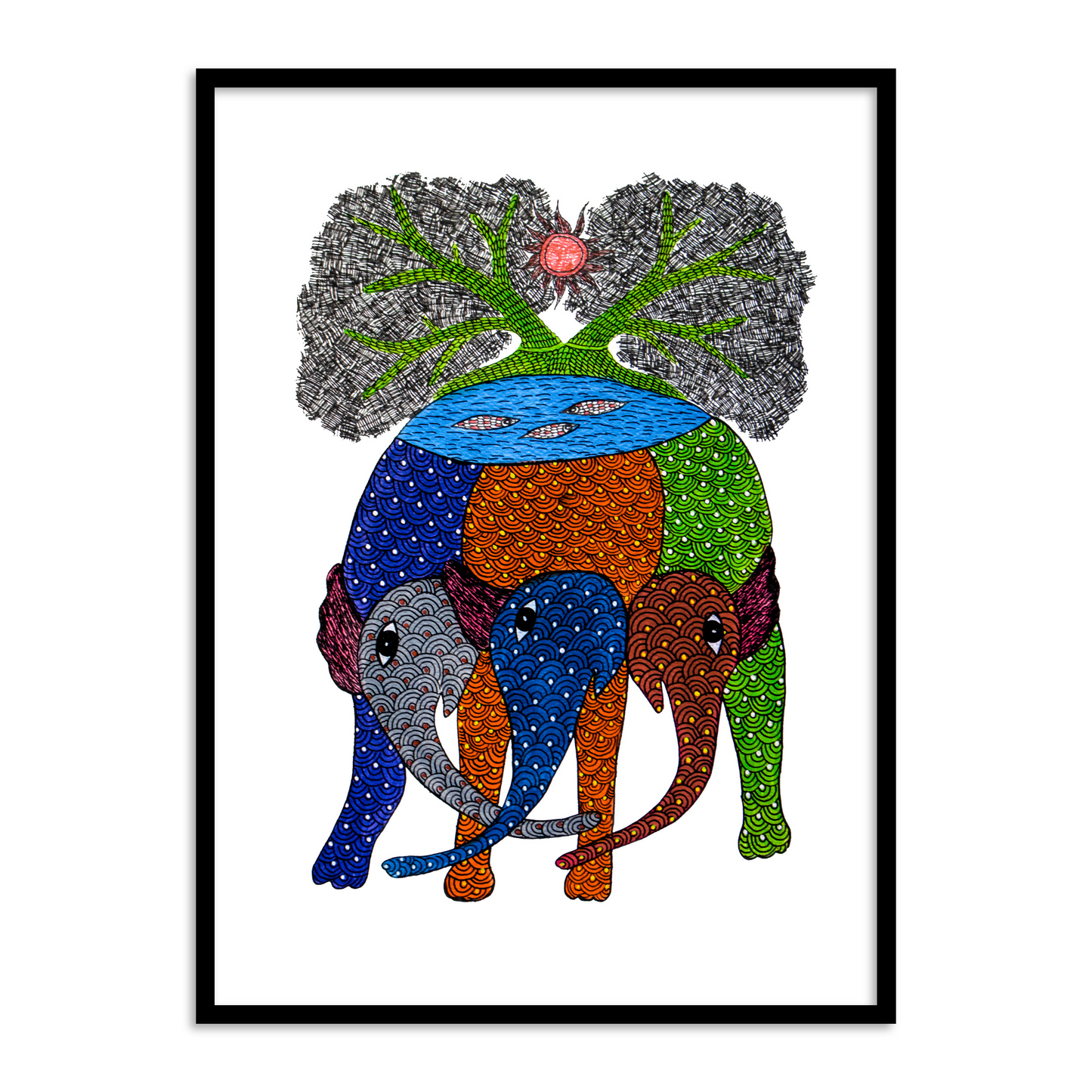 Beautiful Three Elephant Gond Art Painting for a Living Walls | Indian Art Framed