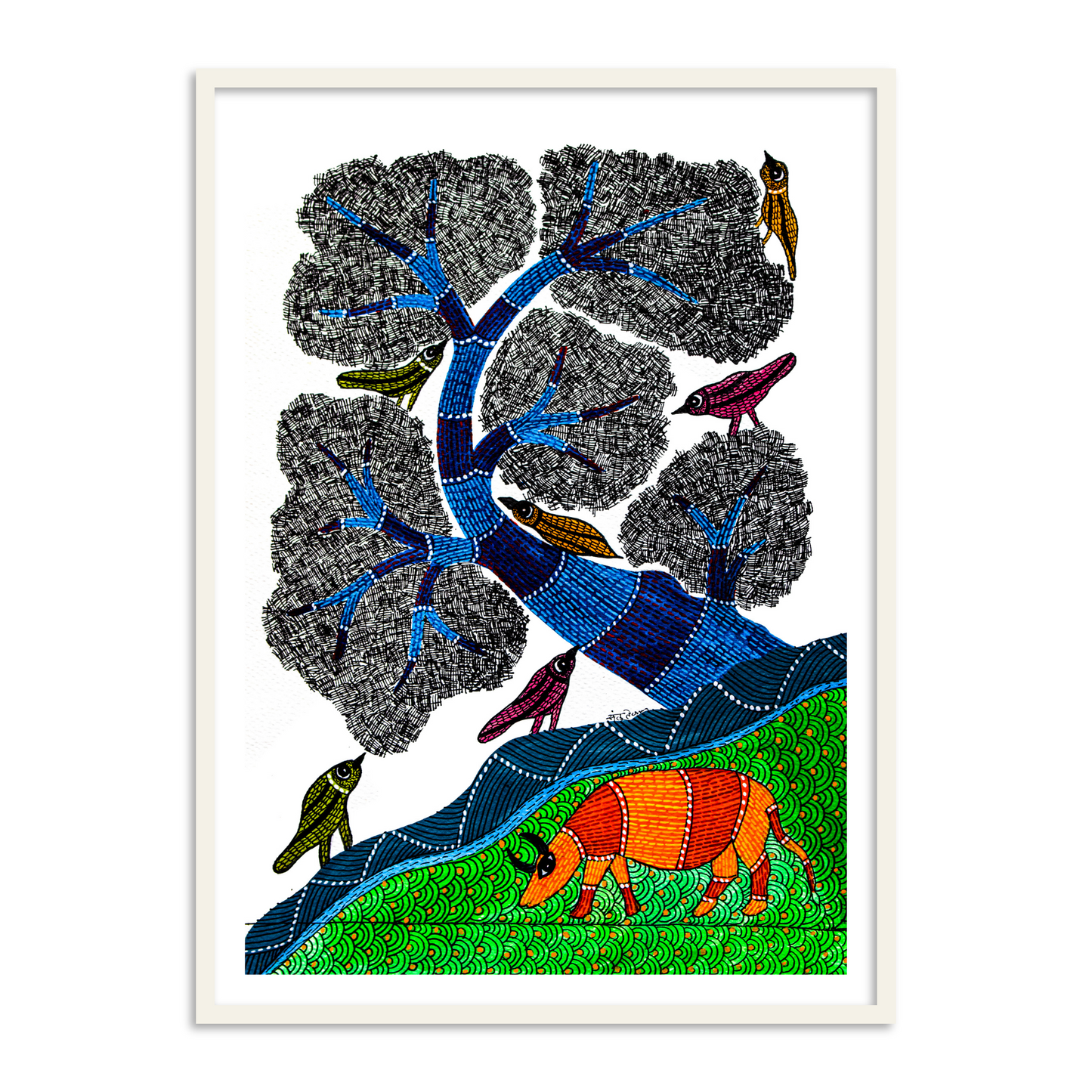 Cow and Birds Artwork | Traditional Gond Framed Wall Art