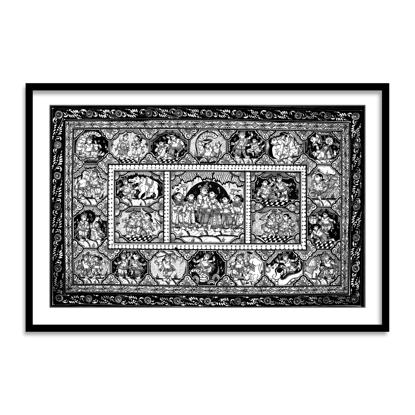 Black & White Krishna Raas Leela Pattachitra Art | Raasleela Patta Painting | Framed Wall Art