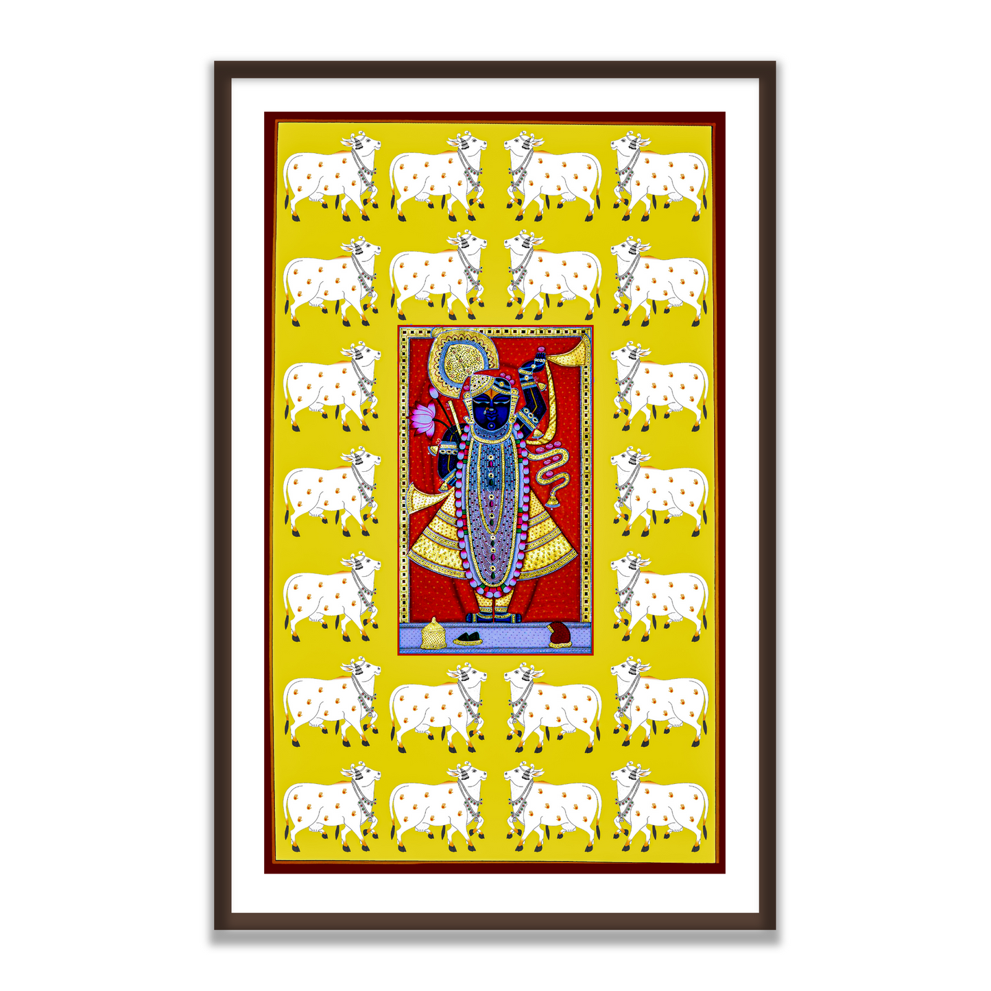 Shrinath Ji Gold Painting with Pichwai Cow | Framed Indian Wall Art