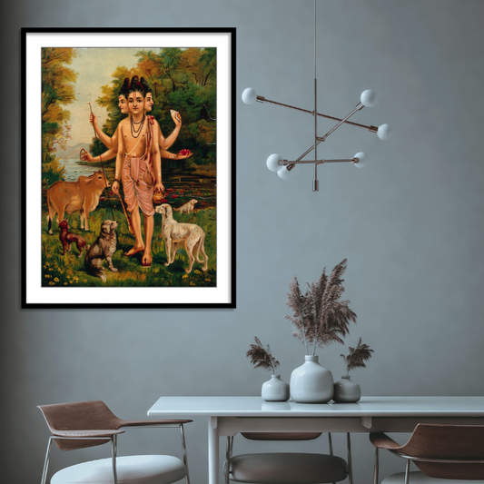 Dattatreya with his four dogs and cow by Raja Ravi Varma Home Wall Art