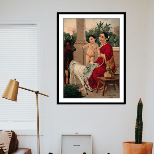 Krishna as an infant on Yasoda's lap playing with a cow and a calf by Raja Ravi Varma Wall Art