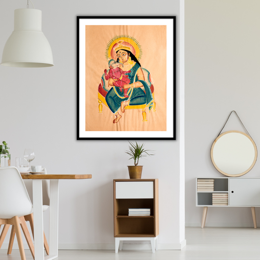 Parvati and Ganesh Kalighat Painting Framed Wall Art for Decor