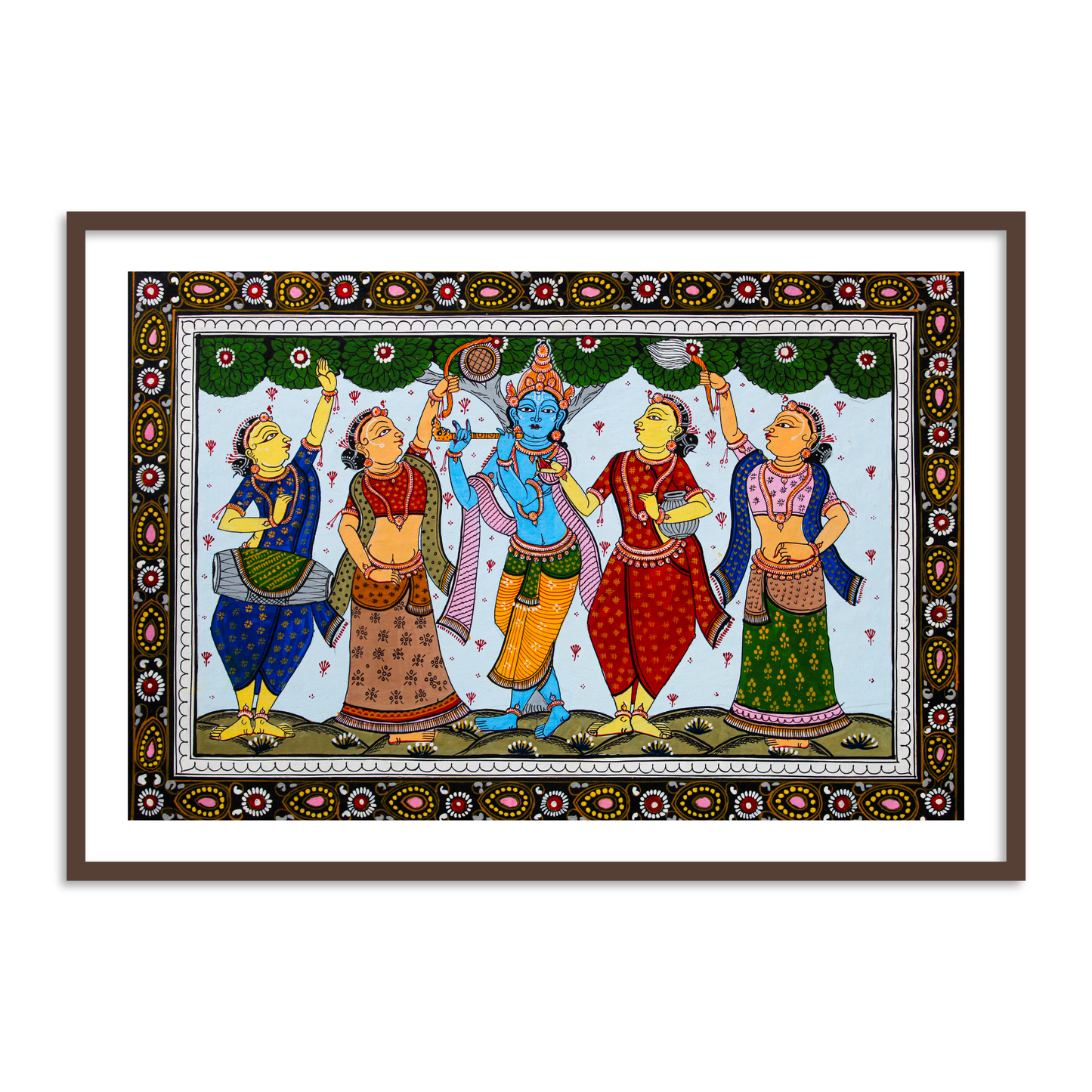 Shri Krishna with Gopiya Playing Flute | Pattachitra Folk Painting Framed Wall Art