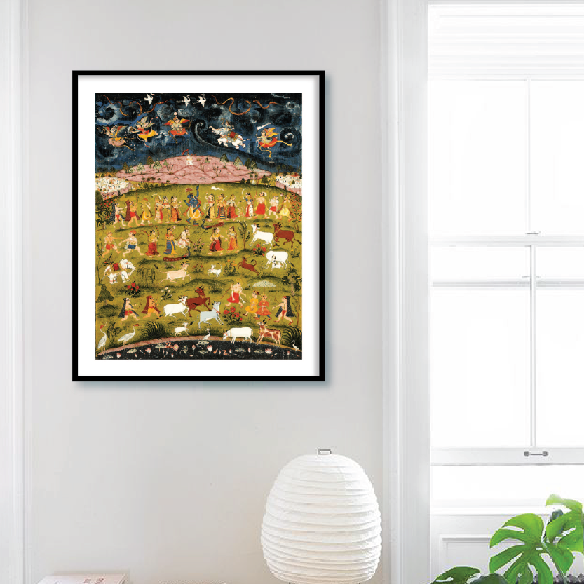 Krishna lifting Mountain Indian Painting for Home Decor