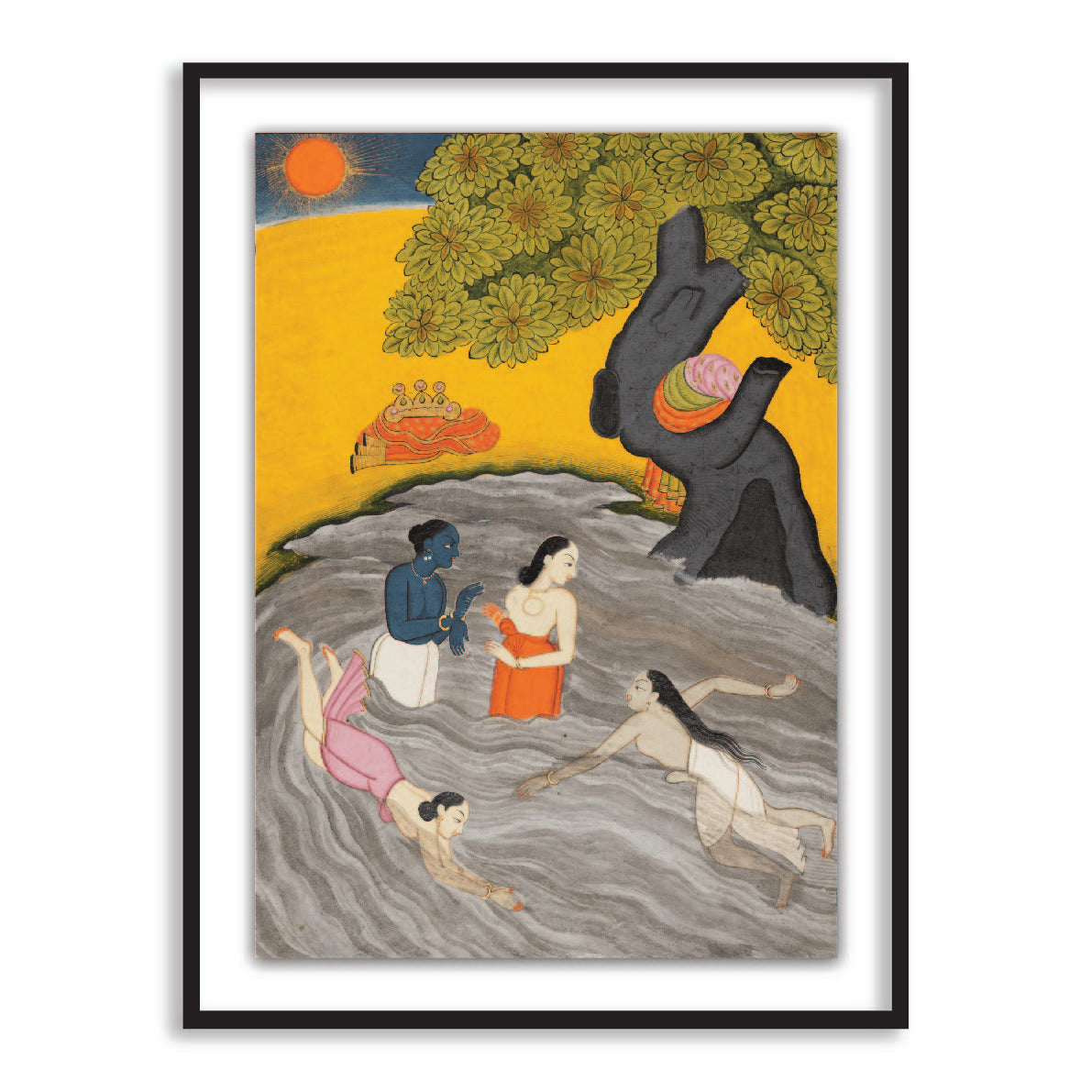 Krishna Playing and Gopis Framed Wall Art Painting - The Atrang