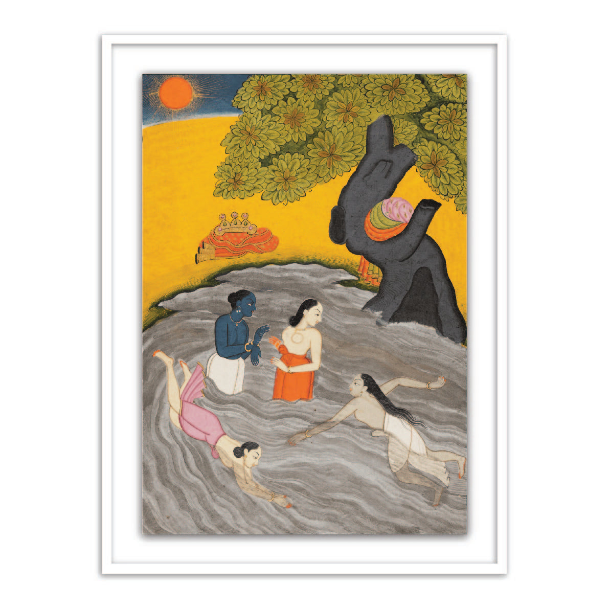 Krishna Playing and Gopis Framed Wall Art Painting