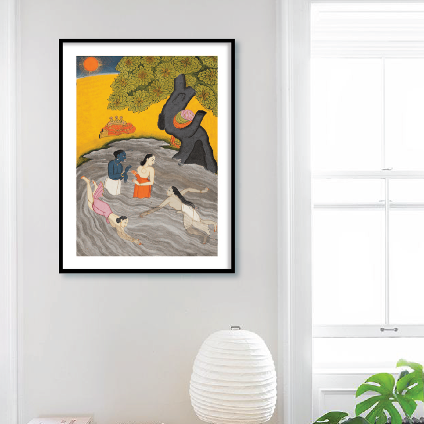 Krishna Playing and Gopis Framed Wall Art Painting - The Atrang