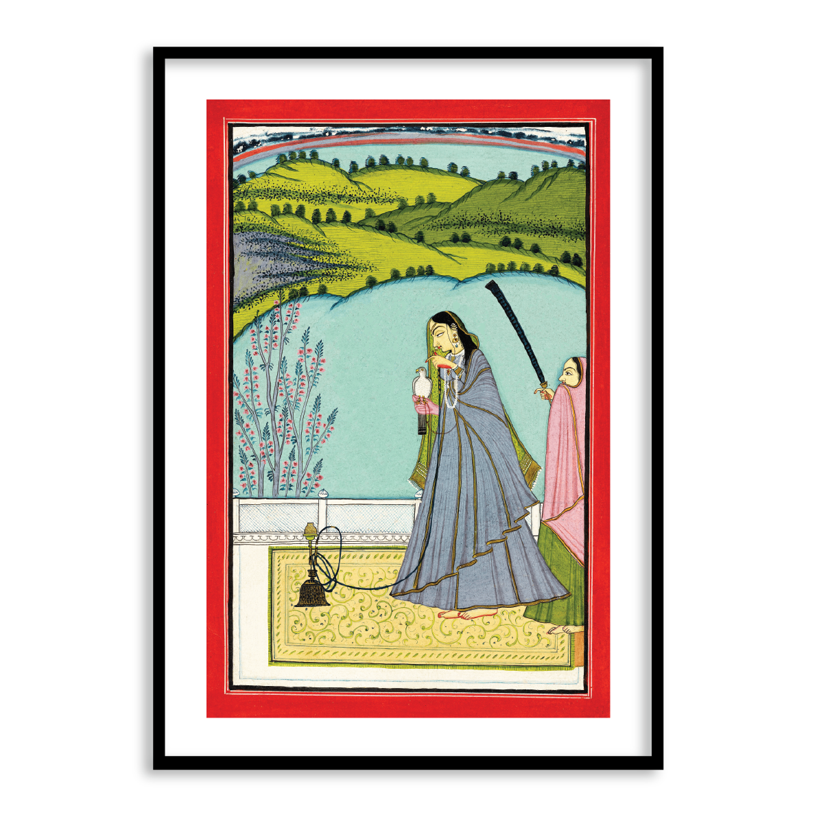A Lady on a Terrace with Hookah and Falcon Indian Art Wall Home Decor
