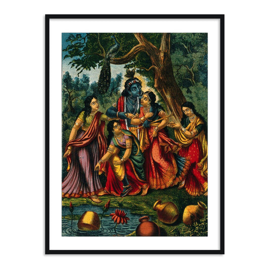 Krishna Playing with Girls at a Well Framed Wall Art Painting