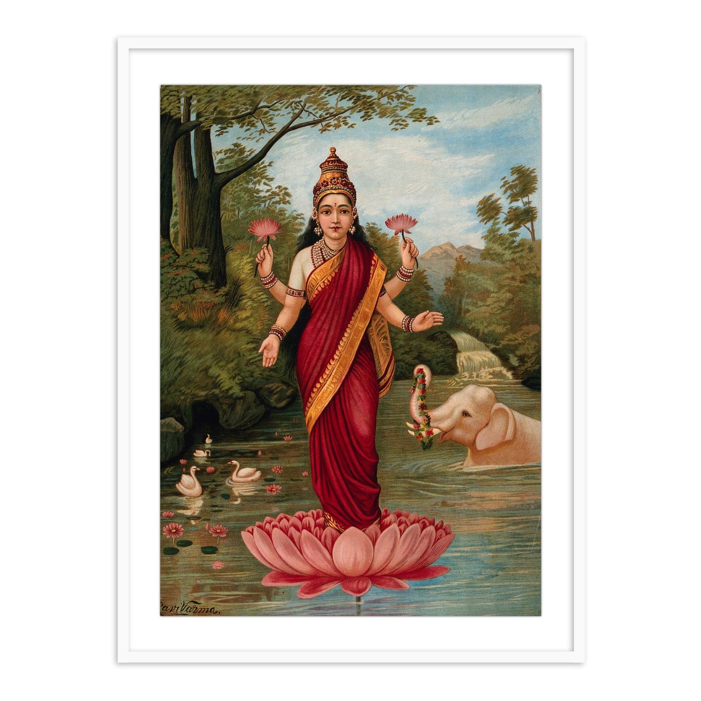 Lakshmi on her Lotus by Raja Ravi Varma Wall Art Print for Home Decor