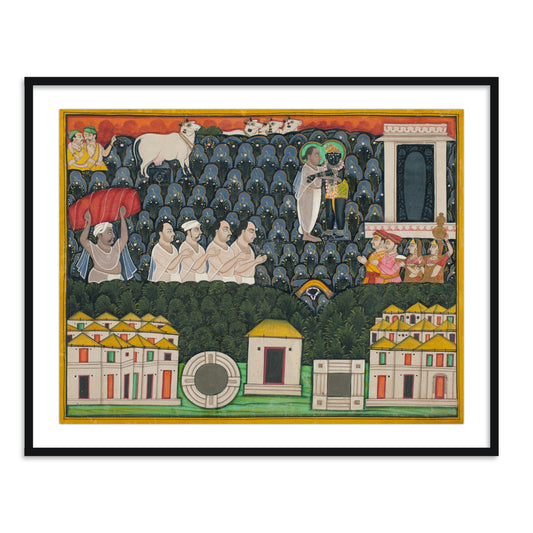 Pratham Milan, Shrinathji revealing himself to Vallabhacharya on Mount Govardhan Framed Wall Art - The Atrang