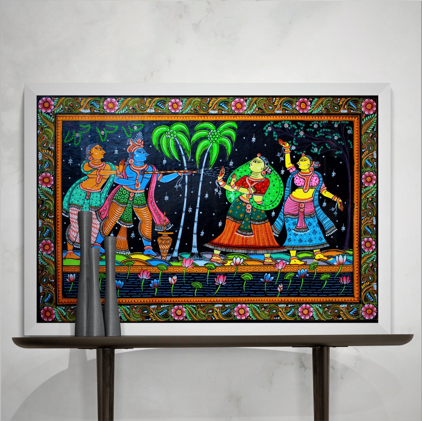 The Krishna Playing Holi with Gopiya Pattachitra Painting Framed Wall Art