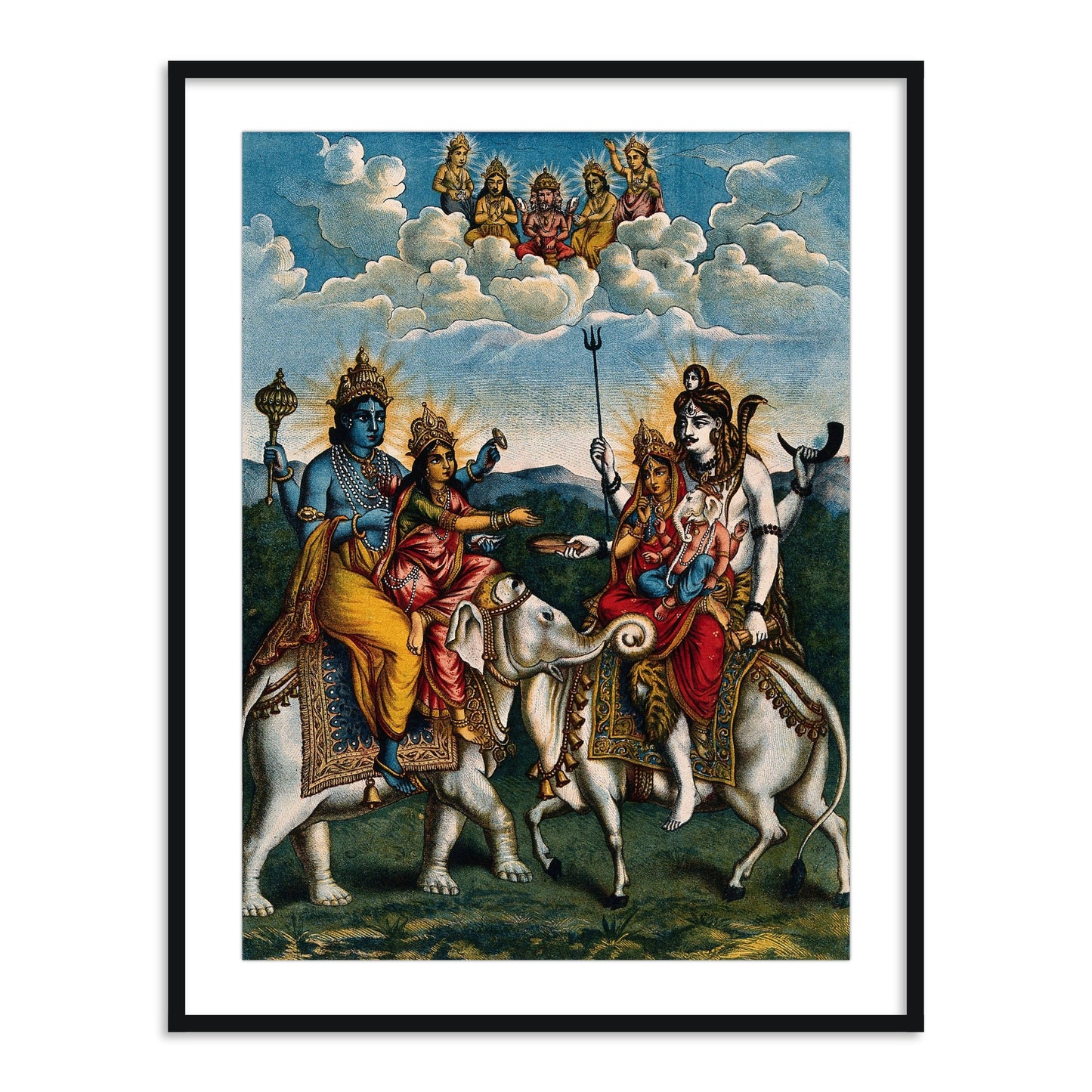 Vishnu and Lakshmi on an elephant meeting Shiva, Parvati and Ganesha Framed Wall Art