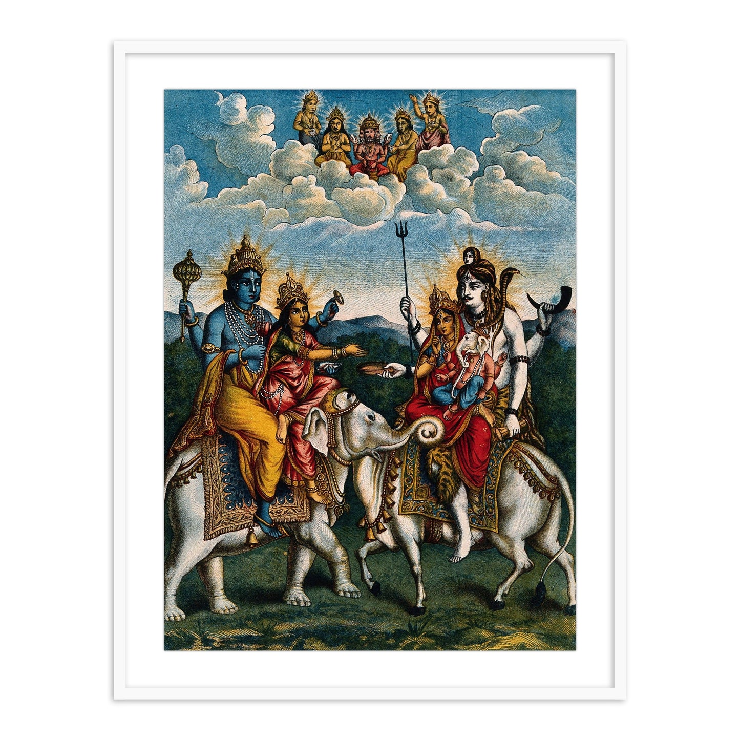 Vishnu and Lakshmi on an elephant meeting Shiva, Parvati and Ganesha Framed Wall Art