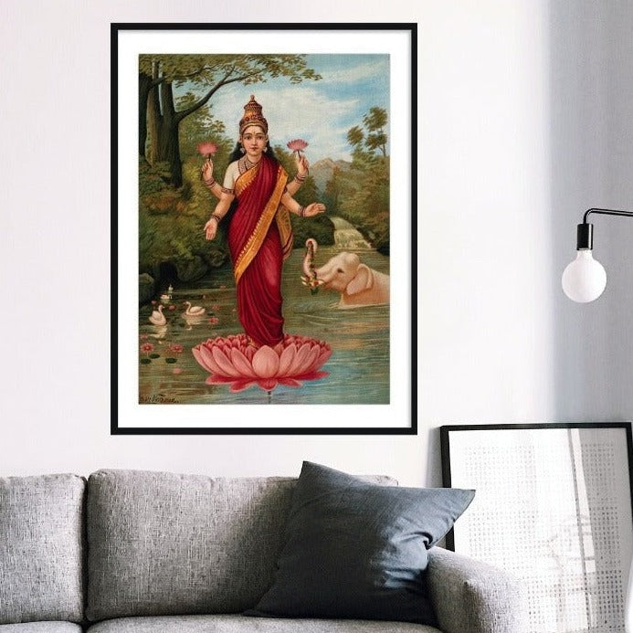 Lakshmi on her Lotus by Raja Ravi Varma Wall Art Print for Home Decor